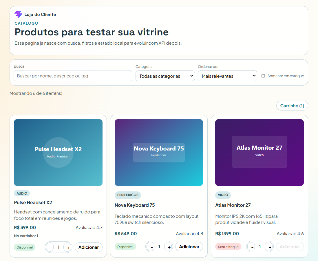 Screenshot de catálogo digital de produtos com carrinho